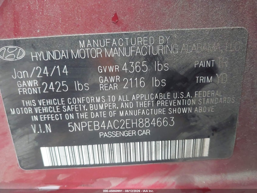 2014 HYUNDAI SONATA SEDAN 2.4L I-4 DI, DOHC, VVT, 190HP