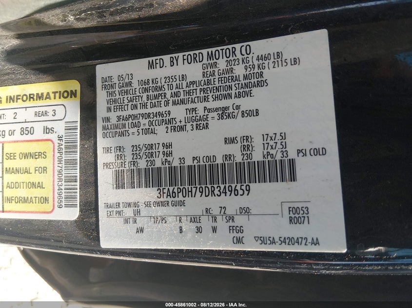 FORD FUSION 2013 VIN 3FA6P0H79DR349659