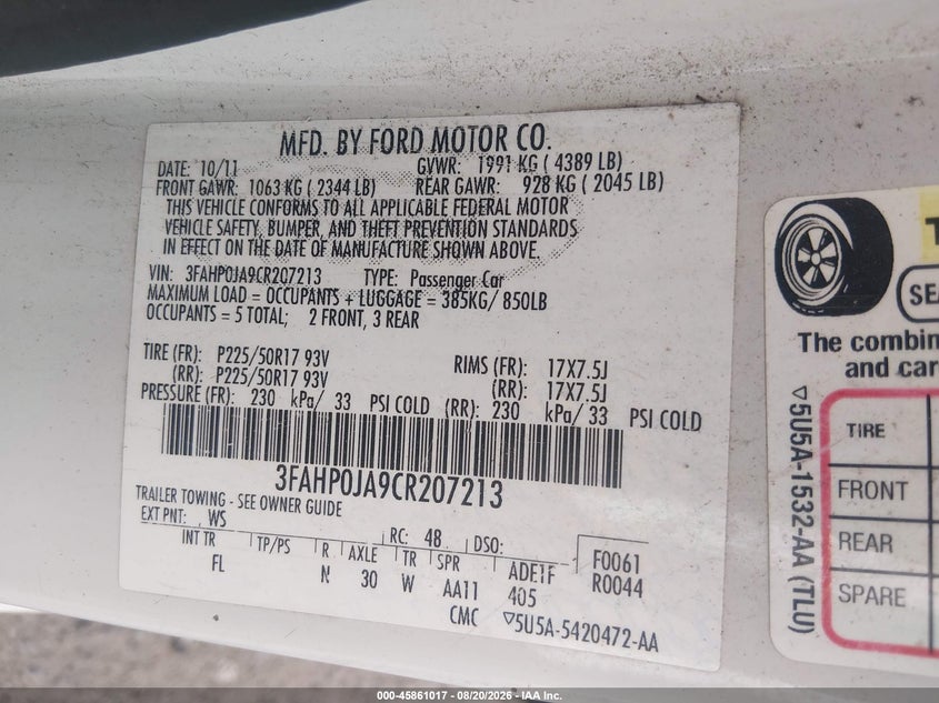 FORD FUSION 2012 VIN 3FAHP0JA9CR207213