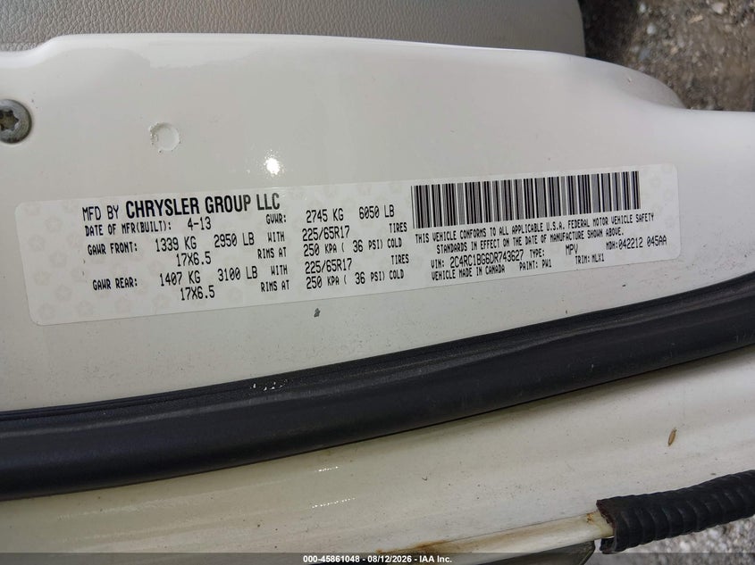 CHRYSLER TOWN & COUNTRY 2013 VIN 2C4RC1BG6DR743627