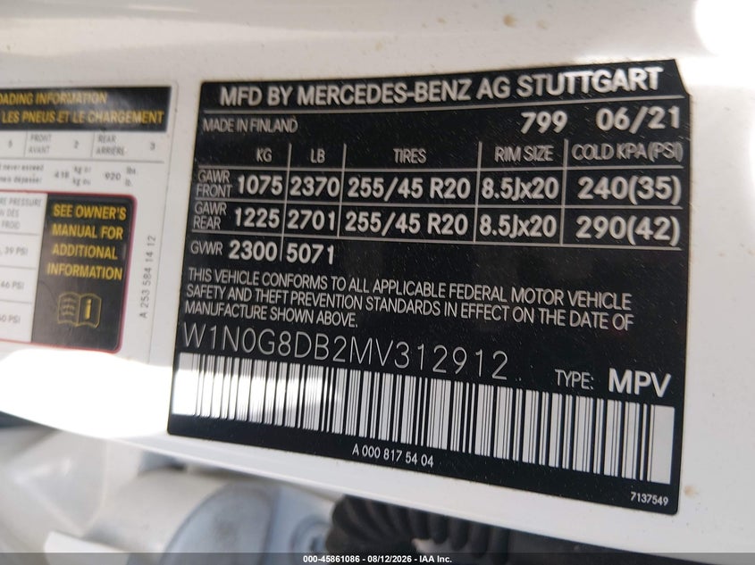 MERCEDES-BENZ GLC 300 2021 VIN W1N0G8DB2MV312912