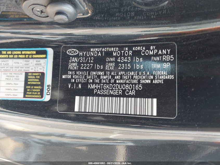 HYUNDAI GENESIS 2013 VIN KMHHT6KD2DU080165