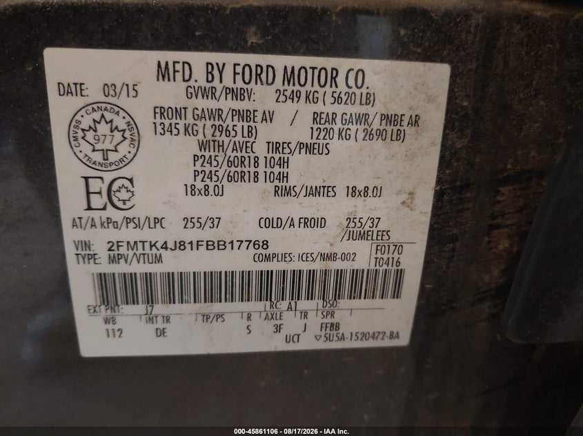 FORD EDGE 2015 VIN 2FMTK4J81FBB17768