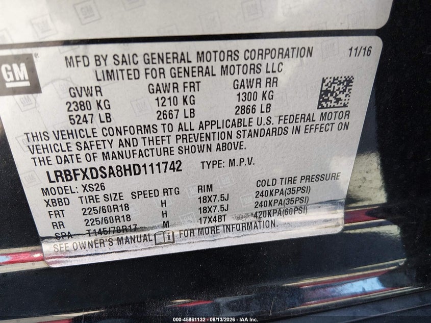 BUICK ENVISION 2017 VIN LRBFXDSA8HD111742