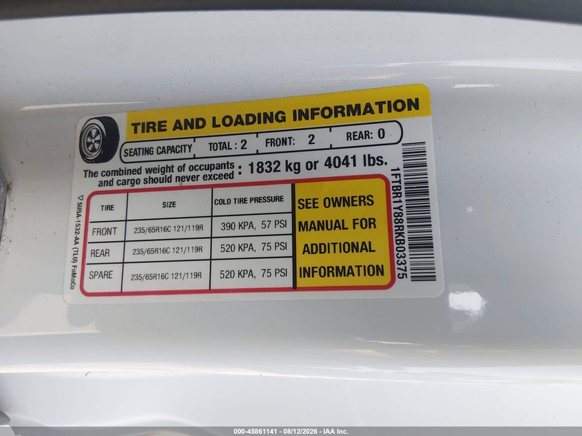 FORD TRANSIT-250 2024 VIN 1FTBR1Y88RKB03375