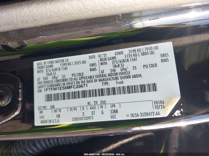FORD F-150 2021 VIN 1FTFW1E58MFC20671