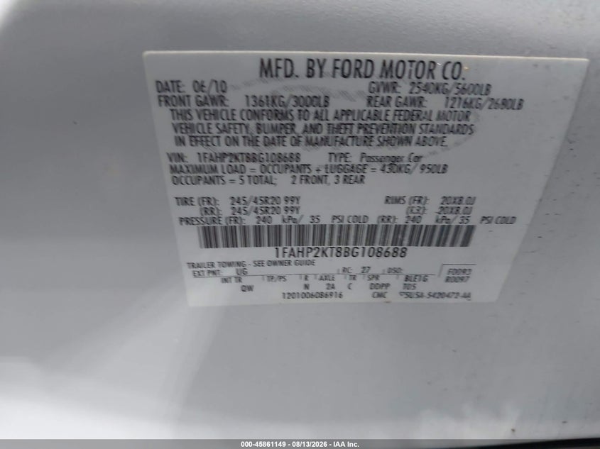 2011 FORD TAURUS SEDAN 3.5L V-6 DI, DOHC, VVT, TURBO, 365HP