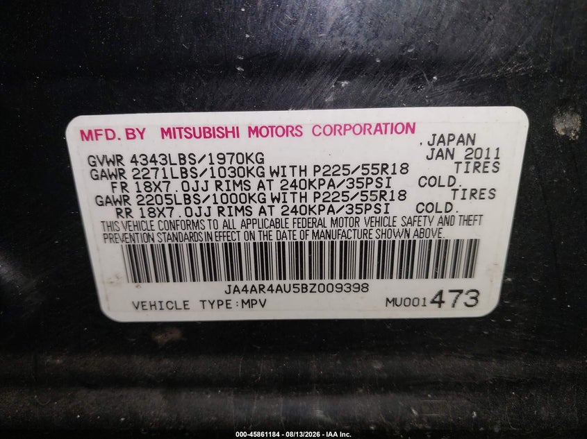 2011 MITSUBISHI OUTLANDER SPORT UTILITY VEHICLE 2.0L I-4 DOHC, VVT, 148HP