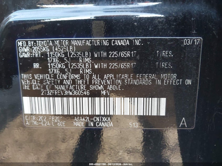 TOYOTA RAV4 2017 VIN 2T3ZFREV3HW360546