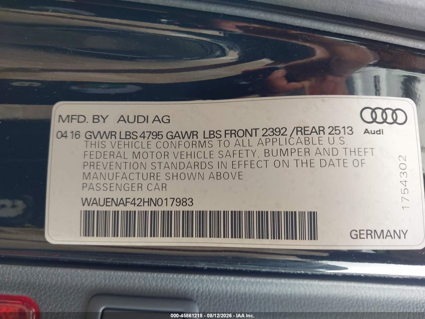 AUDI A4 2017 VIN WAUENAF42HN017983