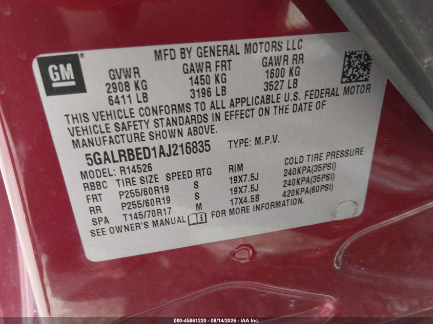 BUICK ENCLAVE 2010 VIN 5GALRBED1AJ216835