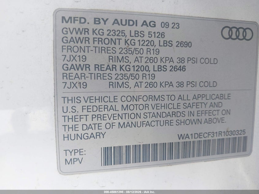 AUDI Q3 2024 VIN WA1DECF31R1030325