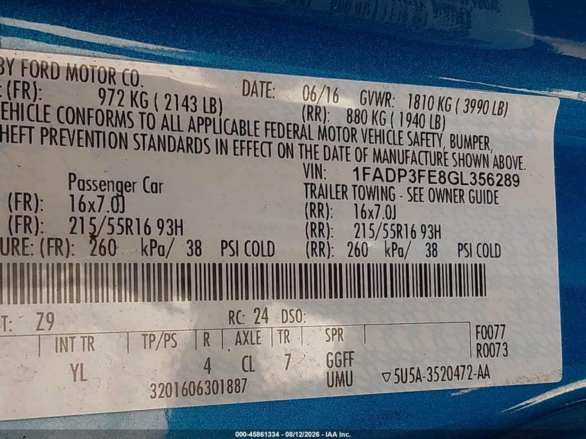 FORD FOCUS 2016 VIN 1FADP3FE8GL356289