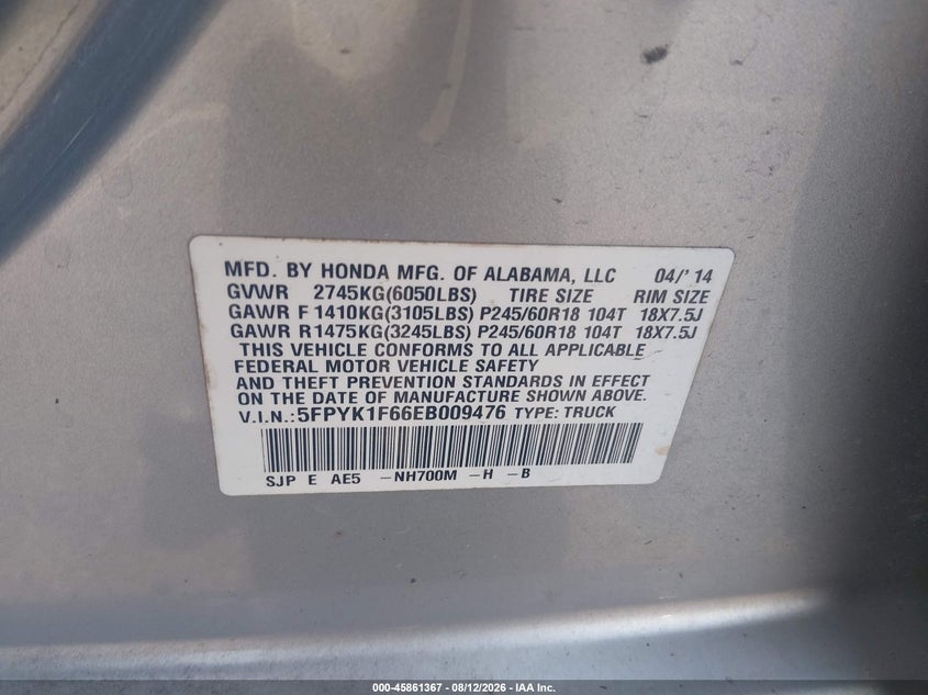 2014 HONDA RIDGELINE PICKUP 3.5L V-6 VVT, 250HP