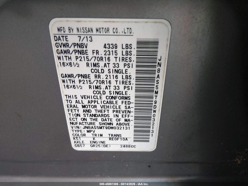 NISSAN ROGUE 2013 VIN JN8AS5MT9DW032131