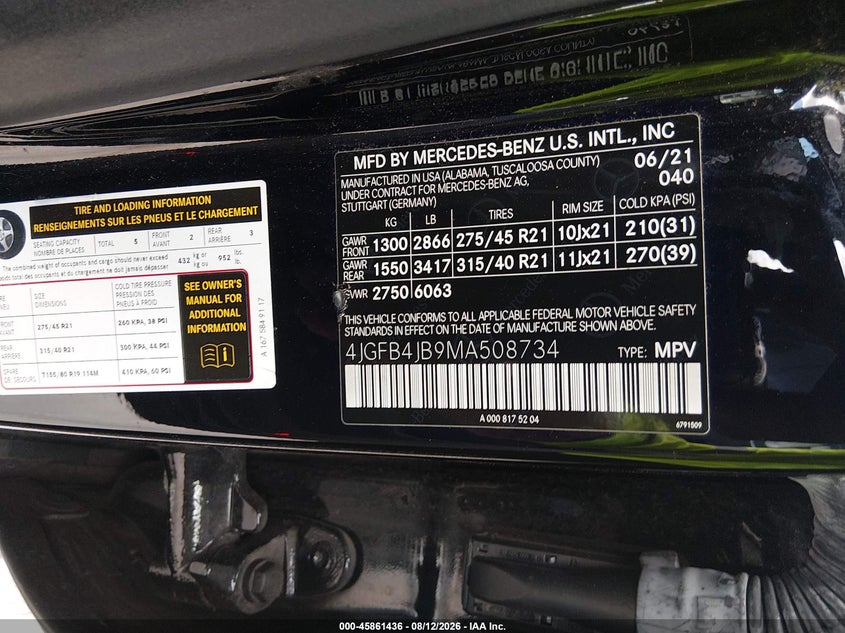 MERCEDES-BENZ GLE 350 2021 VIN 4JGFB4JB9MA508734