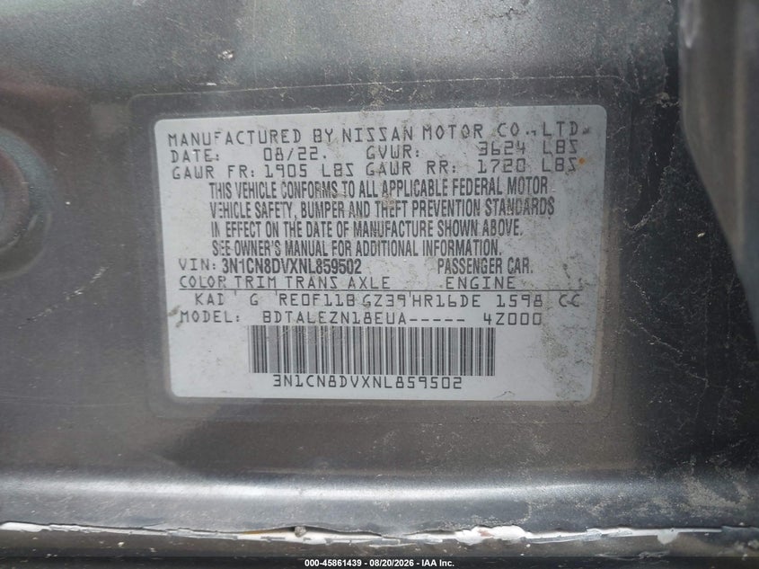 NISSAN VERSA 2022 VIN 3N1CN8DVXNL859502