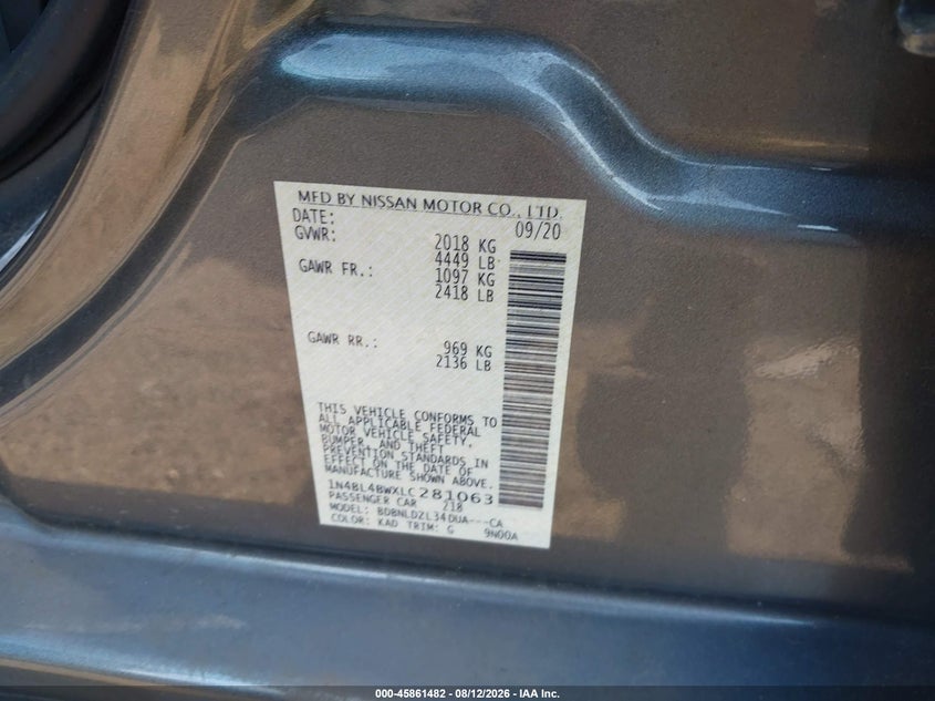 NISSAN ALTIMA 2020 VIN 1N4BL4BWXLC281063