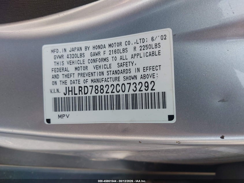 2002 HONDA CR-V SPORT UTILITY VEHICLE 2.4L I-4 DOHC, VVT, 160HP