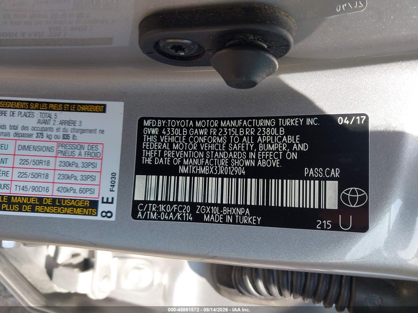 TOYOTA C-HR 2018 VIN NMTKHMBX3JR012904