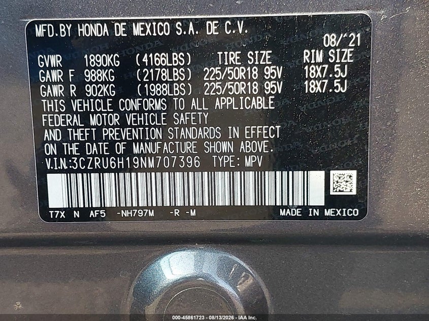 HONDA HR-V 2022 VIN 3CZRU6H19NM707396