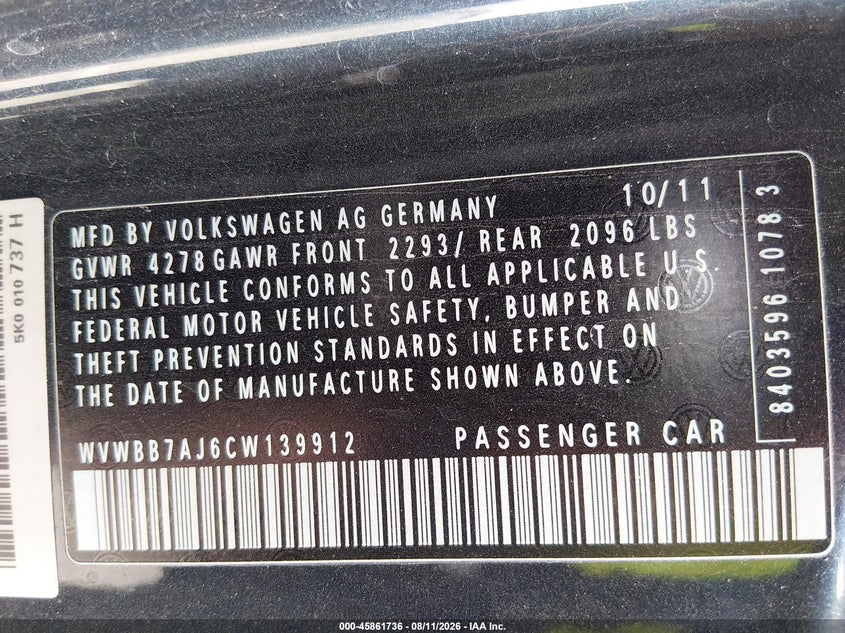 2012 VOLKSWAGEN GOLF HATCHBACK 2.5L I-5 DOHC, VVT, 170HP