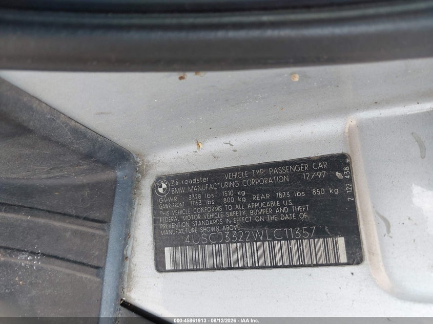 BMW Z3 1998 VIN 4USCJ3322WLC11357