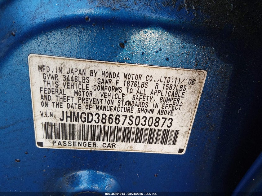 HONDA FIT 2007 VIN JHMGD38667S030873