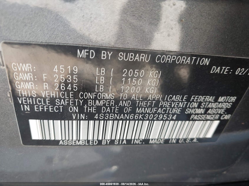 SUBARU LEGACY 2019 VIN 4S3BNAN66K3029534
