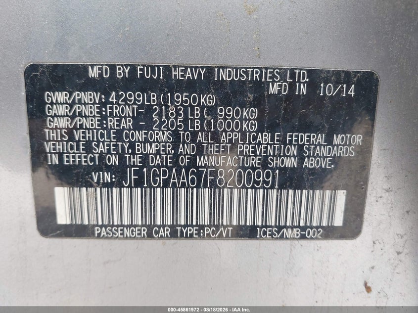 SUBARU IMPREZA 2015 VIN JF1GPAA67F8200991