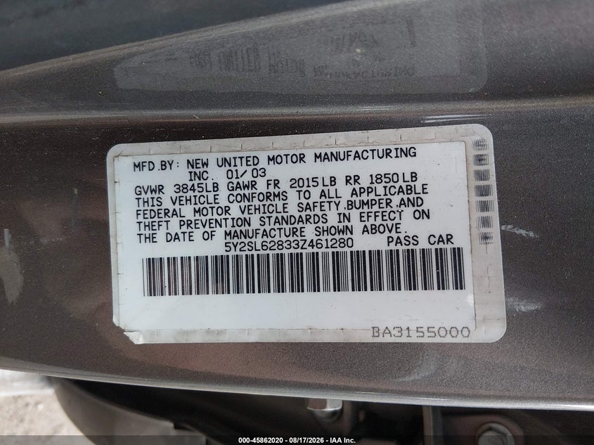 PONTIAC VIBE 2003 VIN 5Y2SL62833Z461280