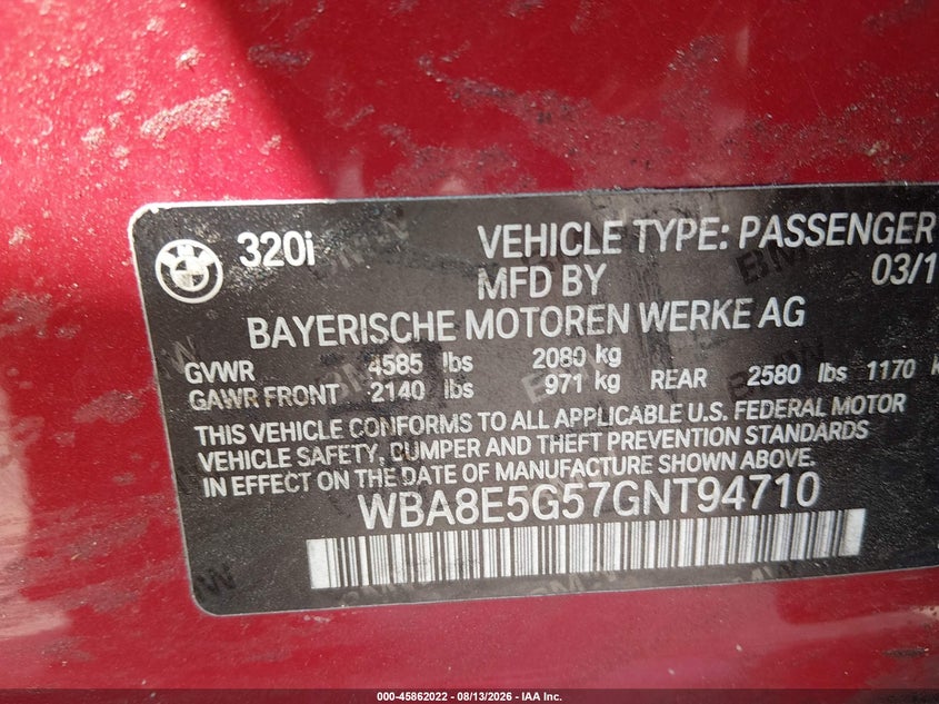 BMW 320I 2016 VIN WBA8E5G57GNT94710