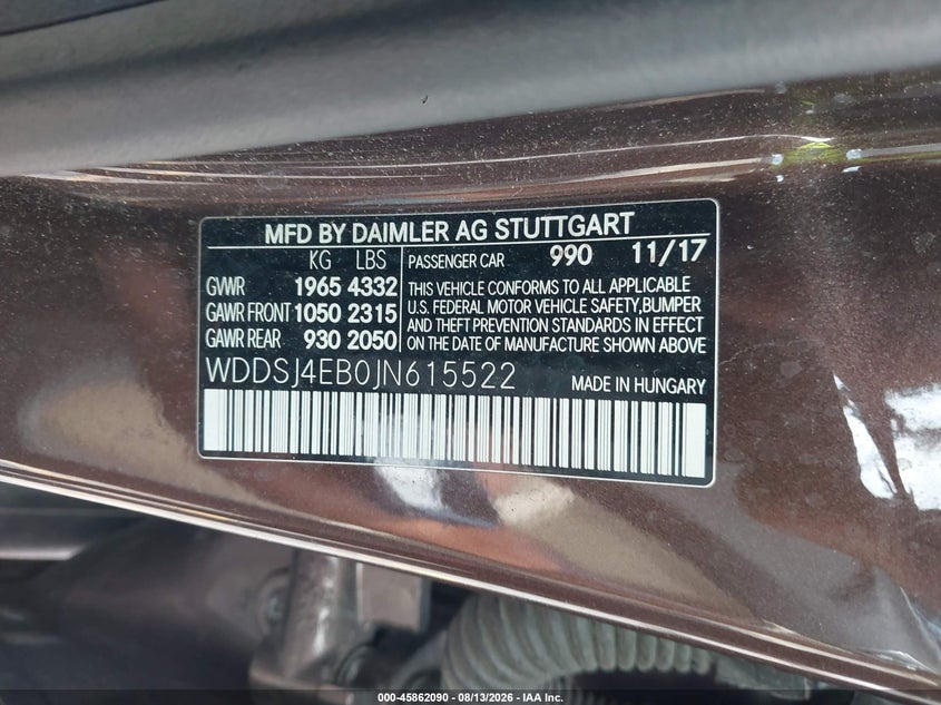 MERCEDES-BENZ CLA 250 2018 VIN WDDSJ4EB0JN615522