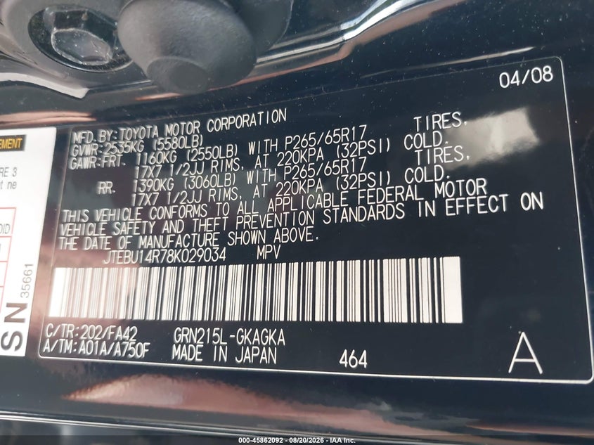 TOYOTA 4RUNNER 2008 VIN JTEBU14R78K029034