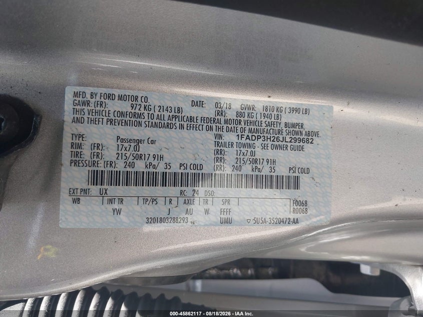 FORD FOCUS 2018 VIN 1FADP3H26JL299682