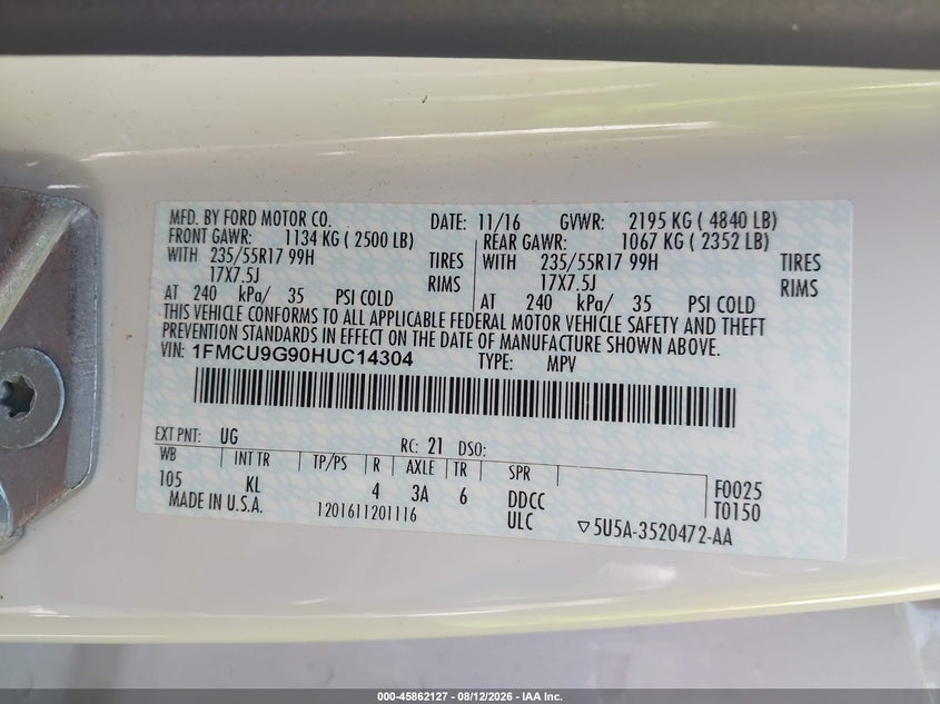 FORD ESCAPE 2017 VIN 1FMCU9G90HUC14304