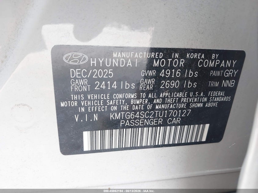 GENESIS G70 2026 VIN KMTG64SC2TU170127