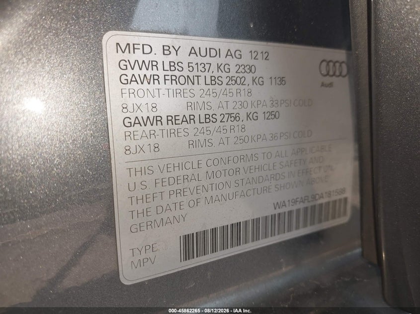 2013 AUDI ALLROAD WAGON 2.0L I-4 DI, DOHC, VVT, TURBO, 211HP