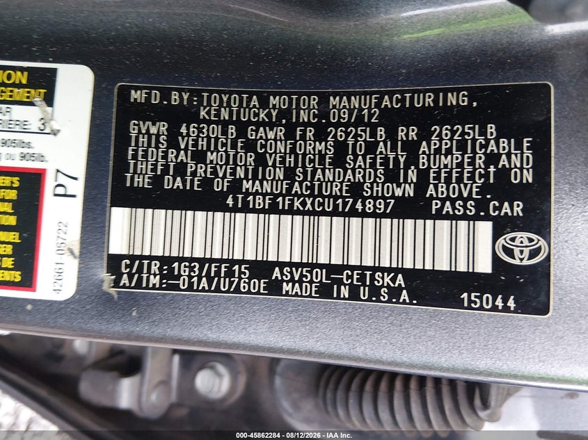 2012 TOYOTA CAMRY SEDAN 2.5L I-4 DOHC, VVT, 178HP