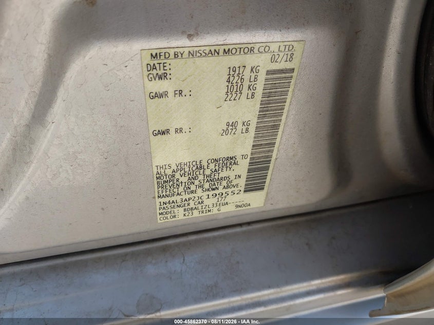 NISSAN ALTIMA 2018 VIN 1N4AL3AP2JC199552