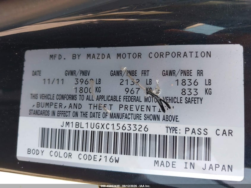MAZDA MAZDA3 2012 VIN JM1BL1UGXC1563326