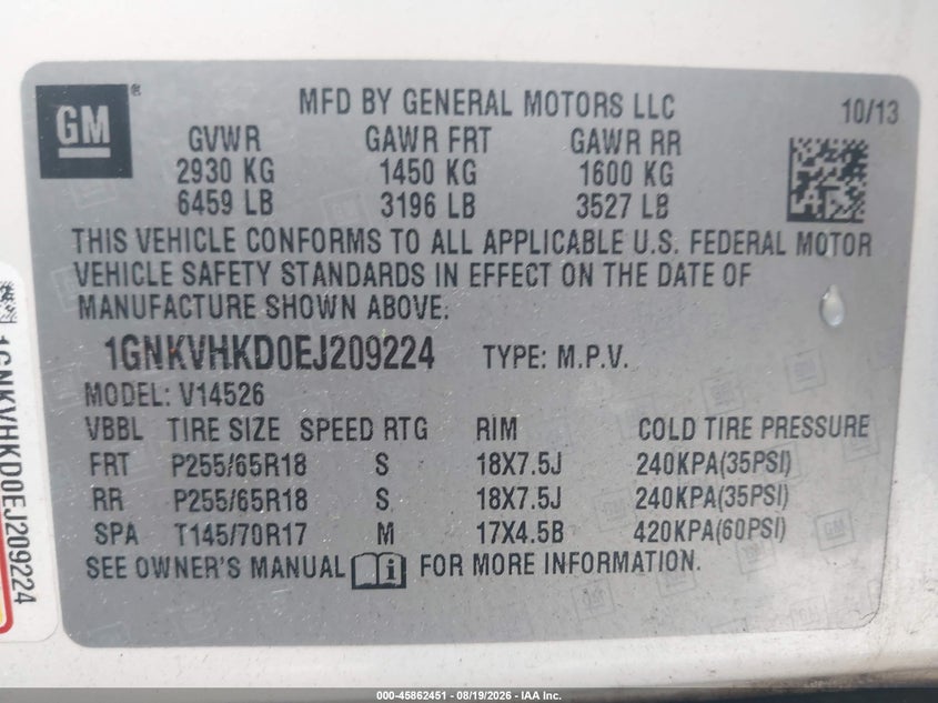 CHEVROLET TRAVERSE 2014 VIN 1GNKVHKD0EJ209224