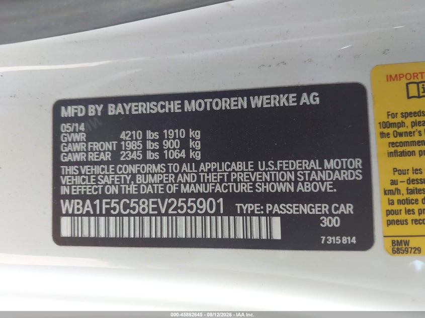 BMW 228I 2014 VIN WBA1F5C58EV255901