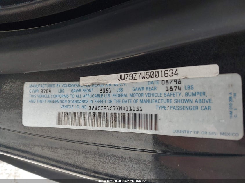 VOLKSWAGEN NEW BEETLE 1999 VIN 3VWCC21C7XM411151
