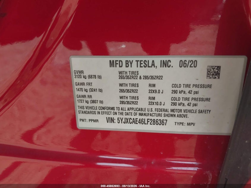 TESLA MODEL X 2020 VIN 5YJXCAE46LF286367