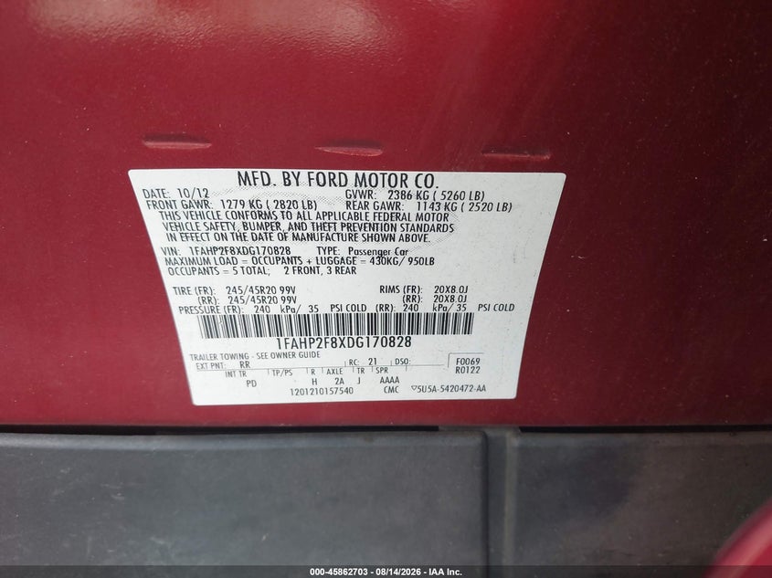 FORD TAURUS 2013 VIN 1FAHP2F8XDG170828