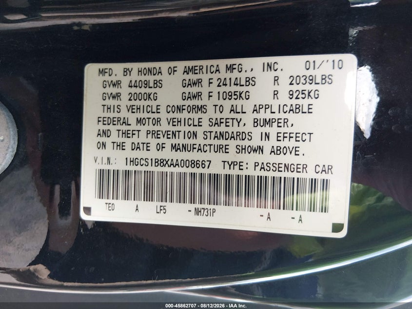 HONDA ACCORD 2010 VIN 1HGCS1B8XAA008667