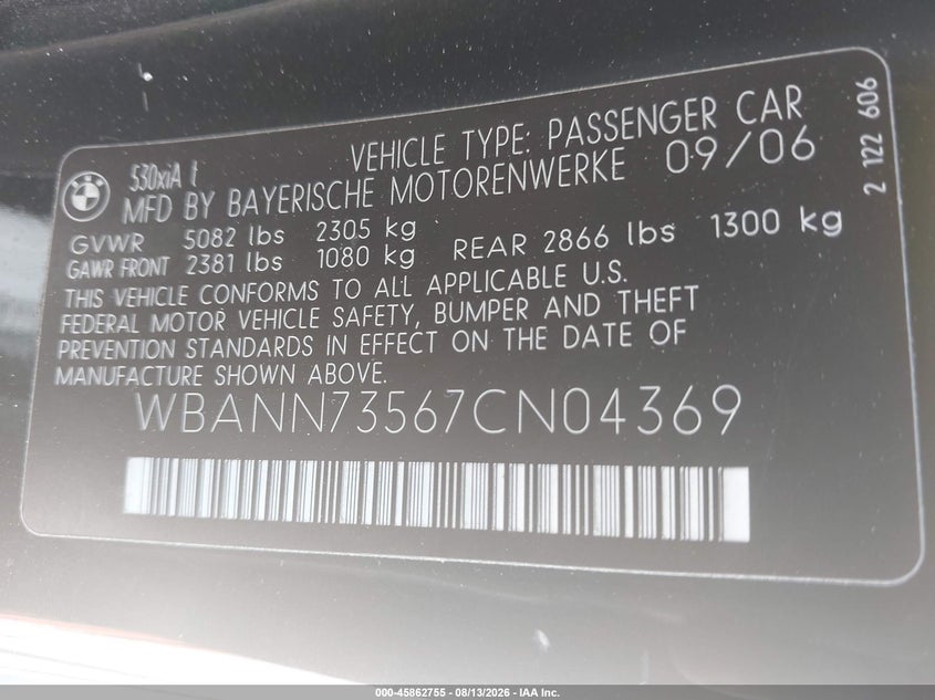 BMW 530XIT 2007 VIN WBANN73567CN04369