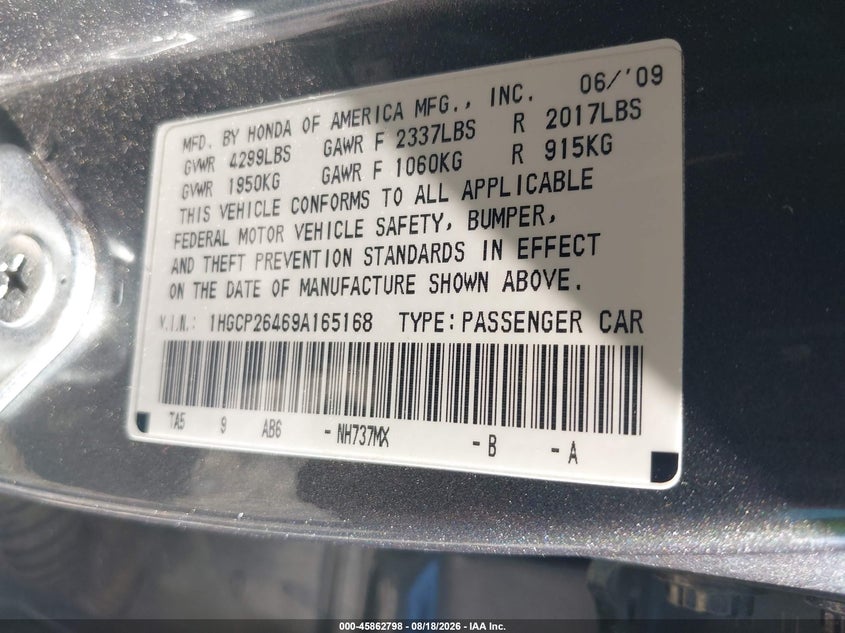 HONDA ACCORD 2009 VIN 1HGCP26469A165168