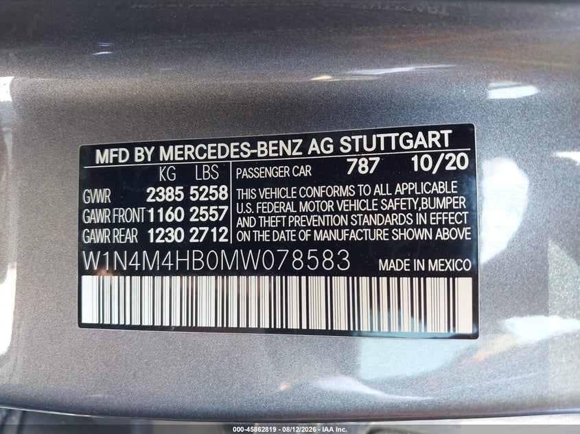 MERCEDES-BENZ GLB 250 2021 VIN W1N4M4HB0MW078583